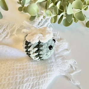 May include: A small crocheted hedgehog with a white fluffy top, green and white striped body, and black eyes.