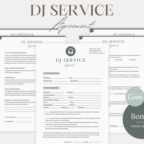 DJ Service Contract - Editable DJ Agreement, Wedding Dj Contract, Disc Jockey Event Service Agreement, DJ Business Contract, Canva Template