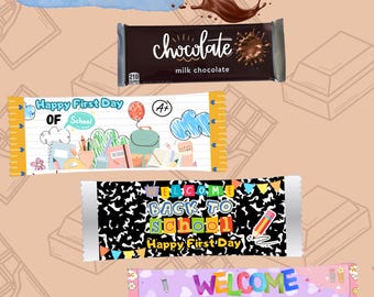 Chocoladeverpakking eerste schooldag, afdrukbaar reep label voor kinderen of studenten, cadeau leraar, terug naar school gunst, doe-het-zelfverpakking
