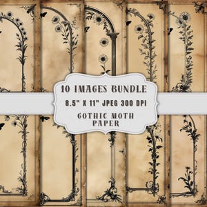 Può includere: Un pacchetto di dieci immagini di carta gotica a falena. Ogni immagine presenta uno sfondo di carta vintage con disegni floreali e farfalle neri. Il testo sull'etichetta recita "10 Images Bundle 8.5" x 11" JPEG 300 DPI Gothic Moth Paper."