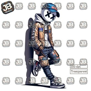 May include: A cartoon character wearing a brown jacket, blue jeans, and a blue and white baseball cap with an X on the front. The character has a white head with two black X's for eyes. The character is standing with one leg bent and the other leg straight. The character is standing in front of a black shadow.