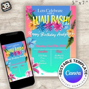 May include: A pink and blue luau themed birthday party invitation with the text "Lets Celebrate with a Luau Rash! Happy Birthday Andzelika" and details for the party, including the date, location, and RSVP information. The invitation is 5 inches by 7 inches and is designed to be edited in Canva.