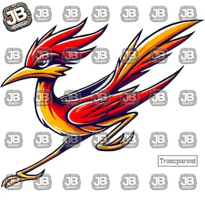 May include: A red and yellow roadrunner cartoon illustration with a long beak and long legs. The roadrunner is running with its wings spread out.