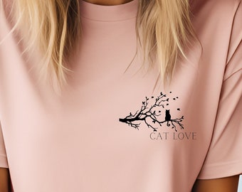 Statement Shirt - Cat Love Katze auf einem Ast Baum - Tierliebe Katze LOVE - minimalistisch T-Shirt Tierlove Geschenk Trend modisch Kätzchen