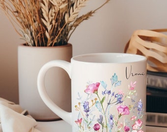 Wildblumen personalisierbare Keramiktasse mit Wunschnamen Blumenwiese Flowers Sommer, Geschenk für Freundin, Bekannte Verwandte, Kaffeetasse