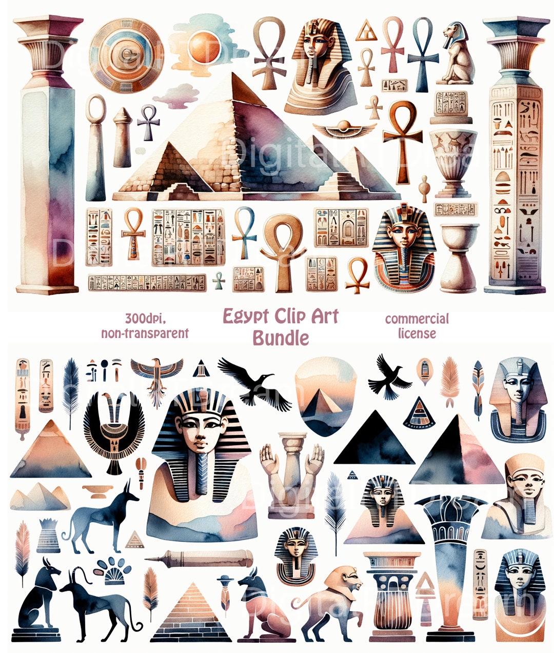 Egypt Clip Art Set Watercolor - 2 Pages, High Quality, Jpgs - Digital ...