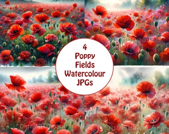 4 Watercolour Poppy Fields Images  - JPGs Digital Download - Journals, Scrapbook, Sticker, Crafting, Presents, Greeting Cards