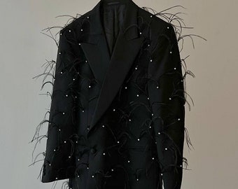 Upcycled tuxedo Jacket with ostrich feathers.