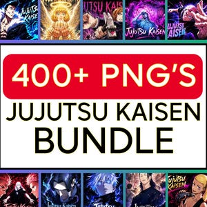 Op de afbeelding: Een digitale productbundel met meer dan 400 PNG-afbeeldingen gerelateerd aan de anime-serie Jujutsu Kaisen. De centrale afbeelding is een rode rechthoek met witte tekst, omringd door karakterkunst.