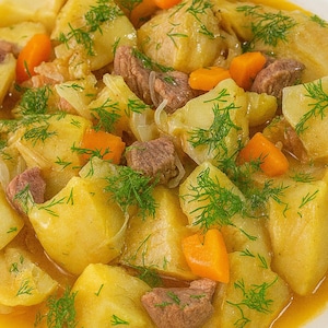 Puede incluir: Primer plano de un guiso abundante servido en un cuenco blanco. El guiso presenta grandes trozos de patatas doradas, zanahorias naranjas y trozos de carne, todo sumergido en un sabroso caldo y adornado con eneldo fresco.