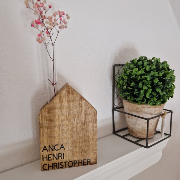 Holzhaus mit Glasrohr | Wunschname |  personalisierte Geschenkidee Einzug/Freunde/Zuhause | Glasvase Trockenblumen | Dekorationsartikel