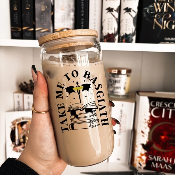 Tumbler with wooden lid and glass straw | Basgiath | Fourth Wing | Cold and warm drinks | 375ml | canning jar