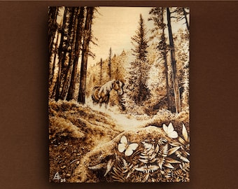 Handmade Pyrography Woodland Horse Art: Rustic Pine Wood Panel (8x10 inches)