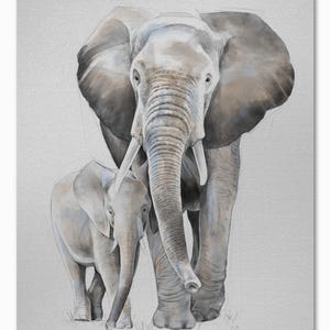 Elephant and calf. Digital Art Print. Instant Download. A3. Digitally hand drawn illustration. Watercolour Art. Wall Decor. Poster.