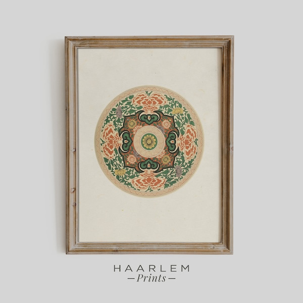 Asian Motif Ornamental Artwork Vintage Oriental Ornate Pattern Wall Art Decorative Circular Asia Lush Floral Decoration Digital Print Flower