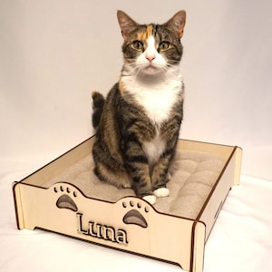 Modern personalized wooden cat bed with cushion | Small dog personalized bed | Perfect Gift for Pets