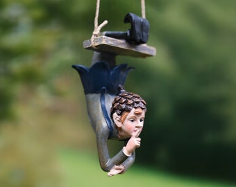 hanging elf, fairy garden, fairy ornament, garden figurine, swing decoration, garden decoration, garden art, tree decoration, fairy statue