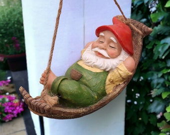 Garden Gnomes Outdoor Statue Figure, Garden Gnome Lying in Hammock for Fairy Garden, Outdoor Funny Mini Gnomes Decoration, Garden Gnome Decoration