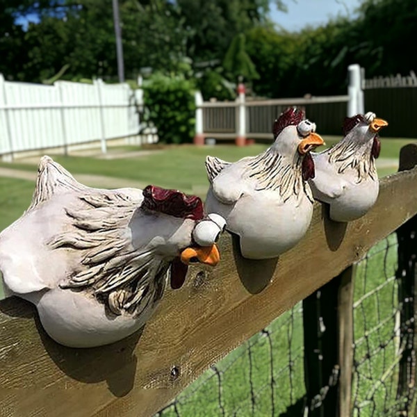 Jardin de décoration de poulet, tabouret de clôture, décoration de jardin, ornements, jardin de figurines de poulet, ornement de poule, décoration de printemps, sculpture de jardin, statue