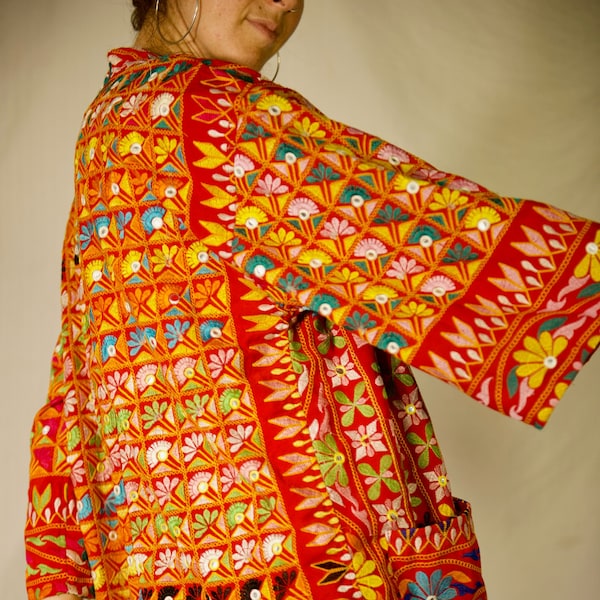 Bright Red Rainbow Mirrorwork Psychedelic Vintage Upcycled Gujarati Embroidery Festival Open Front Kimono Jacket