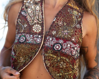 Psychedelic Funky Sparkly Beaded Embroidered Brown Gold Red Upcycled Indian Tapestry Cropped Boho Hippie Vest