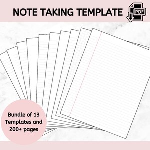 Peut inclure: Un lot de 13 modèles de prise de notes imprimables avec plus de 200 pages. Les modèles présentent du papier ligné avec une ligne verticale rouge au centre de la page.