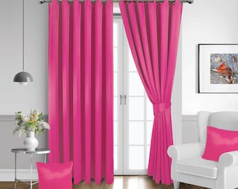 Fuchsia Pink THERMAL BLACKOUT CURTAINS Ready Made Eyelet Ring Top Energy Save Backs Curtains Bedroom Drapes with Two Free Cushions Covers