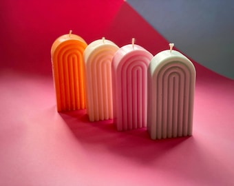 Modern Rainbow Pillar Candles, Minimalist Ribbed Aesthetic Candle, Unscented Geometric Funky Wave Arc Figure Candle