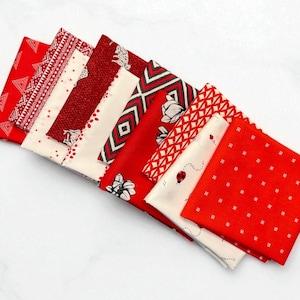 Peut inclure: Un assortiment de carrés de tissu pliés, aux motifs variés rouges et crème. Les motifs comprennent des formes géométriques, des imprimés floraux et un motif de coccinelle. Les tissus sont disposés en éventail, mettant en valeur la diversité des motifs.