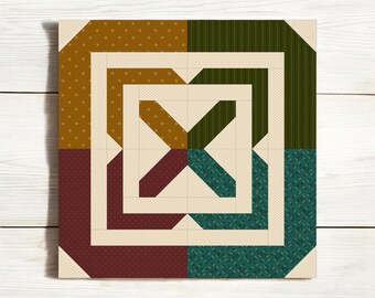 Könnte beinhalten: Ein Quiltblock mit einem geometrischen Muster in Grün-, Braun- und Rottönen. Der Block besteht aus vier Quadraten, jedes mit einem anderen Muster. Die Mitte des Blocks zeigt eine große X-Form.
