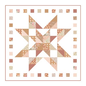 May include: A patchwork quilt block featuring a star design in shades of brown, pink, and white. The star is surrounded by a border of small squares in the same colors.
