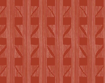 May include: A repeating pattern featuring vertical stripes and geometric shapes in a warm, reddish-brown hue. The design includes rectangular blocks and angled lines, creating a textured, graphic effect. The pattern is suitable for fabric or wallpaper.