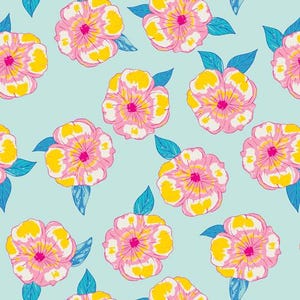 May include: A repeating pattern of stylized flowers with pink petals, yellow centers, and blue leaves on a light blue background. The floral design is a vibrant and colorful illustration, suitable for fabric or wallpaper.