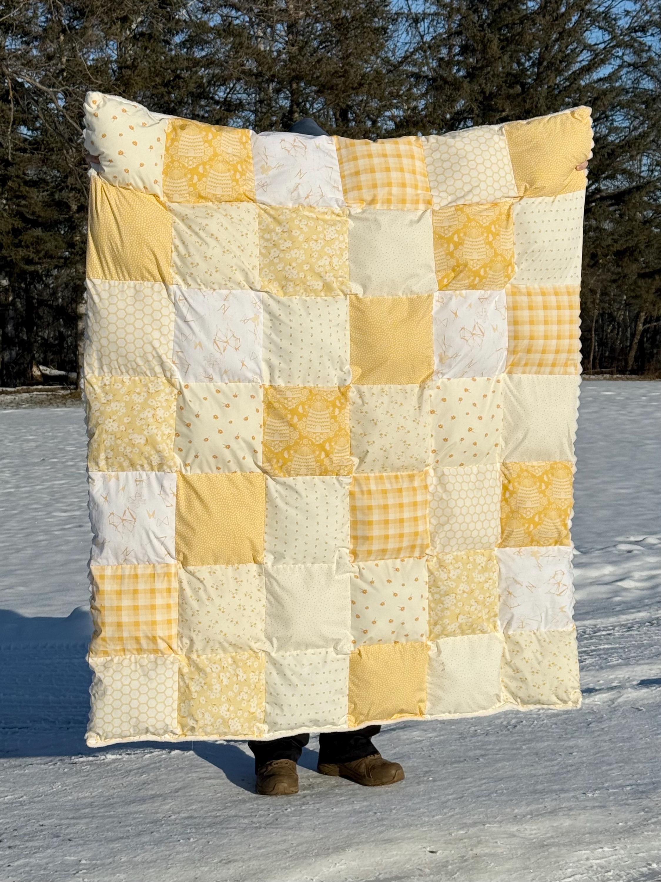 Puff Quilt Throw Blanket + 50"x60" + Quilted Weighted Blanket + Patchwork Blanket + Golden Yellow Quilt + Bee Quilted Blanket