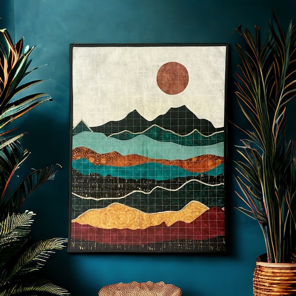 Art Quilt Pattern + Boho Landscape Collage Quilt Pattern + Modern Collage Pattern + 18x24 + Printed Pattern + Moon and Mountains