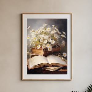 Daisies Bouquet, Vintage Art Print Still life Wall Art Digital Download Daisies White flower books gift art print neutral colours oil colour