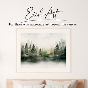 Invierno nórdico, pintura de bosque de invierno, impresión navideña, arte de pared imprimible, paisaje de invierno nevado, árboles de hoja perenne, pintura de acuarela, decoración