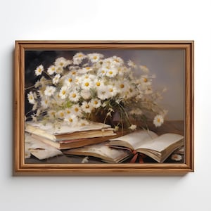 Daisies Bouquet, Vintage Art Print Still life Wall Art Digital Download Daisies White flower books gift art print neutral colours oil colour