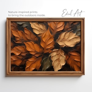 Rustic Fall Leaves Art Download | 3D Textured Leaf Printable Wall Art | Warm Orange & Brown Autumn Decor for Cozy Home Vibes