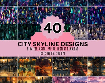 Patrón sin costuras de horizonte urbano: 40 papeles digitales urbanos (PNG, 300 DPI)