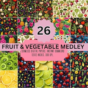 Fruit and Vegetable Medley Seamless Patterns,citrus fruit pattern,Digital Download,300 DPI, 12x12 Inches, Instant Download, Commercial Use