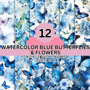 dusty blue watercolor butterflies & flowers digital paper pack,boho butterflies pattern,Junk journal papers butterfly,300 dpi,pastels