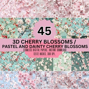 3D Cherry Blossoms Seamless Pattern,3D Cherry blossom designs digital background,Pastel and Dainty Cherry Blossoms, 300 DPI PNG,12x12 Inches
