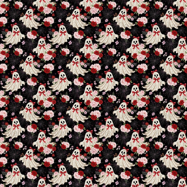 Floral Ghost Halloween Seamless Pattern for Crafters, Digital Papers ...