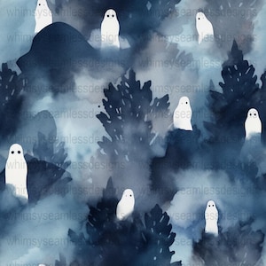 Spooky Watercolor Ghosts Seamless Pattern, Halloween Digital Paper, 300 DPI High-Resolution PNG, Instant Download
