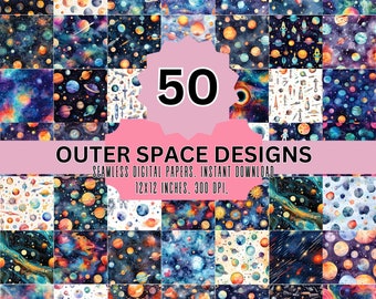 Outer Space Digital Paper: Seamless Rocket & Planet Designs (JPEG)