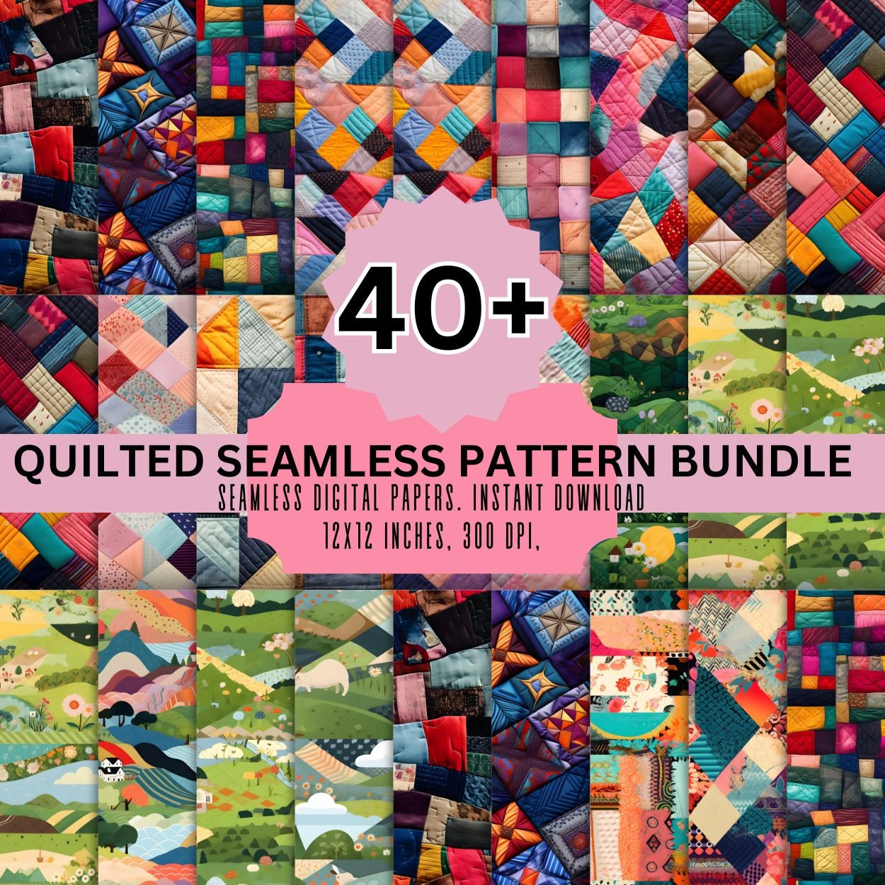 Quilted Seamless Pattern Bundle: Colorful Quilt Designs (Digital Download)