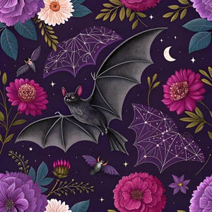 Puede incluir: Ilustración digital con un murciélago con las alas extendidas, rodeado de flores y hojas moradas y rosas, y diseños estilizados en forma de murciélago. El fondo es de un morado oscuro con una luna creciente y estrellas.