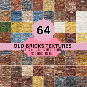 May include: A set of 64 digital paper textures featuring various brick patterns in different colors, including red, brown, yellow, blue, and gray. The textures are seamless and can be used for digital scrapbooking, crafting, and other creative projects.
