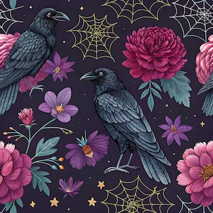 May include: A digital illustration featuring a repeating pattern of black crows, purple and pink flowers, and gold spiderwebs on a dark purple background. The crows are detailed with textured feathers, and the flowers have intricate petal designs.